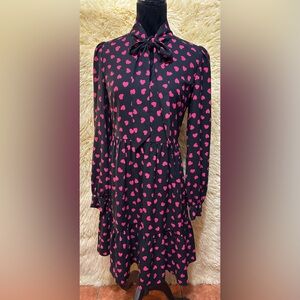 Kate Spade Heartbeat Tie Neck Shirtdress Black Pink Hearts NWT Size 6